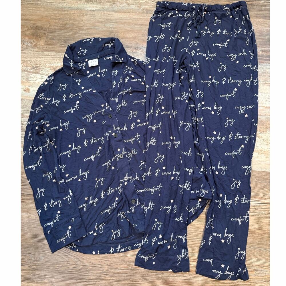 Soma women’s navy pajama long set  festive “comfort & joy” print size XS EUC